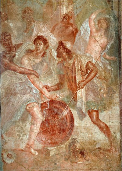 Achilles, vermomd als vrouw, wordt herkend door Odysseus tussen de dochters van Lycomedes op Scyros Fresco van Pompeii. 1e eeuw n.Chr. Dim. 145,5x137,5 cm Napels, nationaal archeologisch museum door Roman