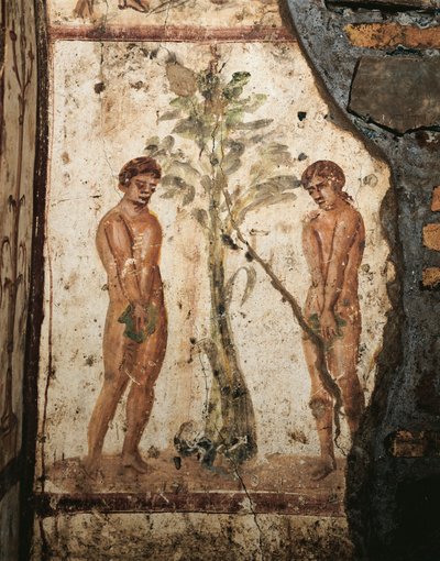 Adam en Eva in de Tuin van Eden (fresco) door Roman
