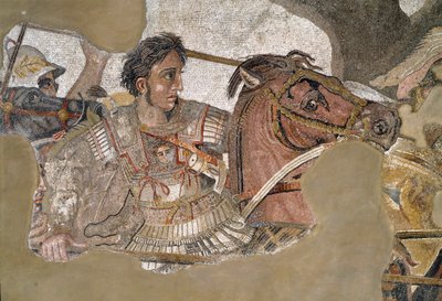Alexander de Grote (356 - 323 v.Chr.) op zijn paard Bucephale. Mozaïek uit het Huis van de Faun, Pompeii door Roman