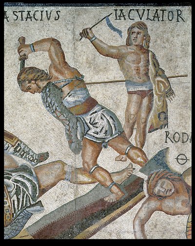 Strijd tussen Gladiatoren, detail van een vechtende gladiator en een zegevierende gladiator, 320 AD door Roman