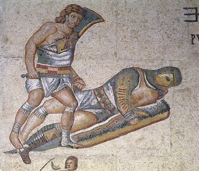 Strijd tussen Gladiatoren, detail van een gladiator die een ander tegen de grond drukt, 320 AD door Roman