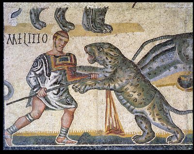 Slag van gladiatoren tegen de wilde katten, detail (320 AD) door Roman
