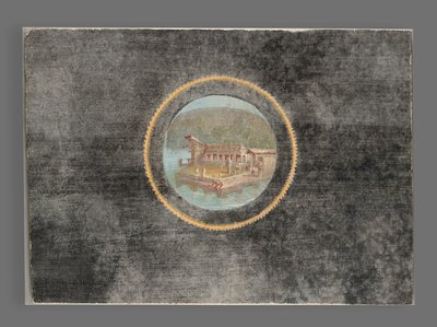 Zwart-grond fresco fragment met landschap in tondo, 50-79 AD door Roman