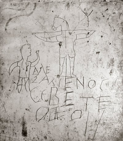 Godslasterlijk graffito van een kruisiging door Roman