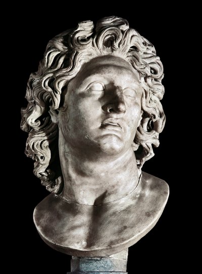 Buste van Alexander de Grote (356-323 v.Chr.), koning van Macedonië en veroveraar van Perzië. Romeinse kopie van een Grieks origineel, 3e-2e eeuw v.Chr. (marmer) door Roman