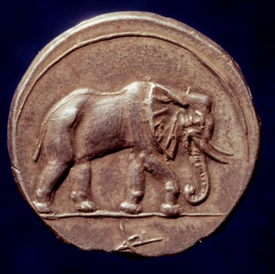 Carthaagse beschaving: medaille die een olifant voorstelt die de Carthaagse generaal Hannibal (247-183 v.Chr.) toestond de Alpen over te steken in 218 v.Chr. tijdens de Tweede Punische Oorlog. 3e eeuw v.Chr. Parijs, B.N. door Roman