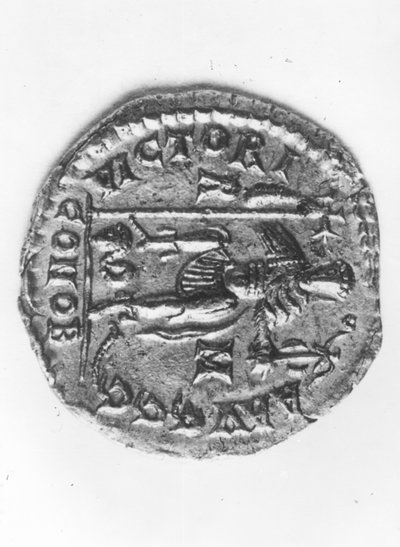 Munt met afbeelding van keizer Valentinianus III (419-455) die zijn overwinning op Attila de Hun (395-453) viert c.452 (metaal) (achterkant) door Roman