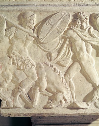 Detail van een sarcofaag met een Romeinse soldaat die vecht tegen een Galaat door Roman