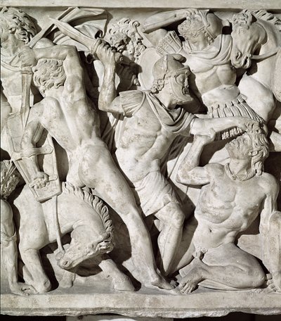Detail van een sarcofaag met een gevecht tussen Romeinen en Galaten door Roman