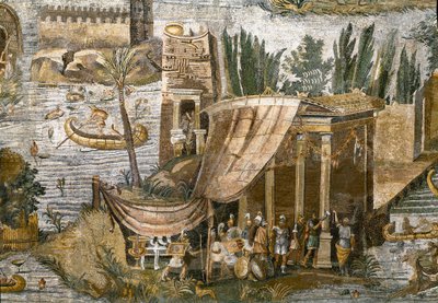 (detail) Nilotisch mozaïek van Preneste (Palestrina) uit het heiligdom van de godin Fortuna Primigenia, 80 v.Chr. door Roman