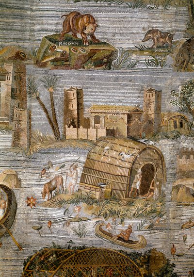 Detail van het Nilotische mozaïek van Preneste (Palestrina) uit het heiligdom van de godin Fortuna Primigenia (detail) door Roman