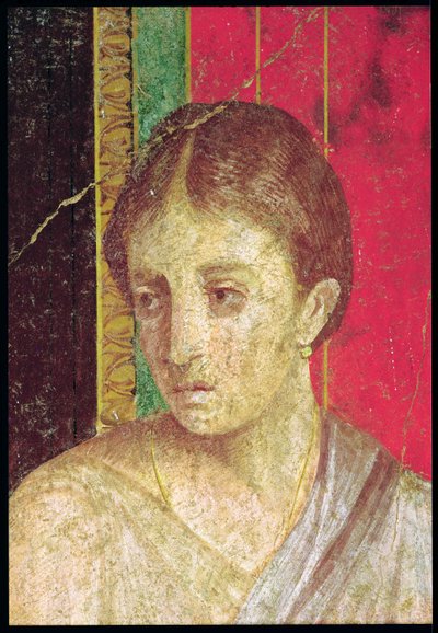 Detail van het hoofd van de zittende moeder, uit de Catechismescène, Noordmuur, Oecus 5, 60-50 v.Chr. (fresco) door Roman