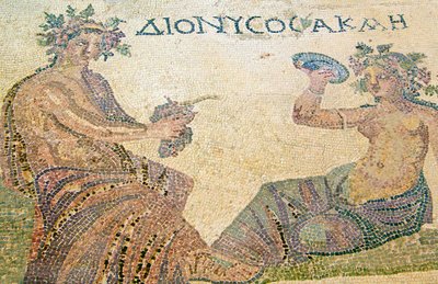 Dionysus adviseert de nimf Akme, Huis van Dionysos, Paphos, Cyprus (mozaïek) door Roman