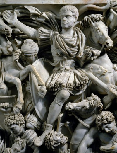 Ruiterportret van Hostilianus, zoon van keizer Decius, samen met zijn bewakers te paard, (detail) door Roman