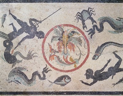 Vissers en zeedieren, 1e eeuw na Christus (mozaïek) door Roman