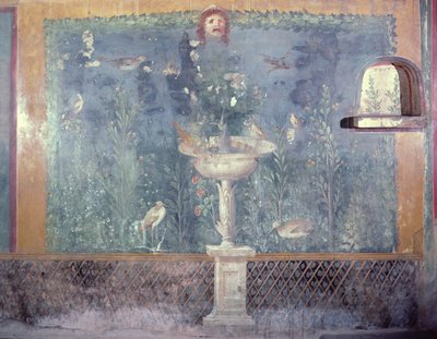 Fontein, masker en vogels, Huis van Venus in schelp, Pompeii, Italië (fresco) door Roman