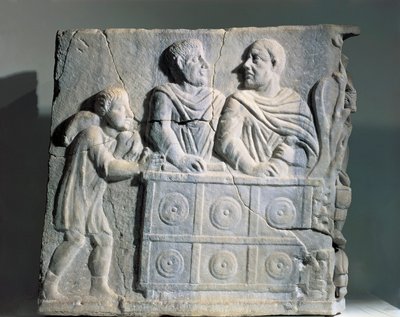 Fragment van sarcofaag met geldwisselaar, uit Rome, Viale del Re door Roman