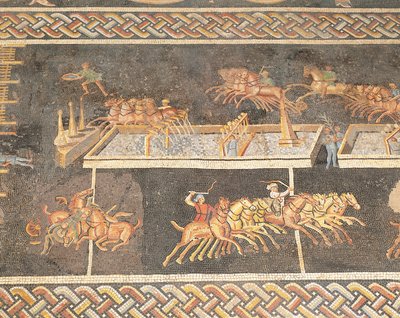 Mozaïekwerk dat de spelen van het circus uitbeeldt, Quadriga-race door Roman