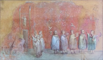Frescofragment van een kalender die kinderen in een processie uitbeeldt, mogelijk de vieringen van de verjaardag van keizer Severus en de maand april vertegenwoordigt, derde eeuw na Christus door Roman