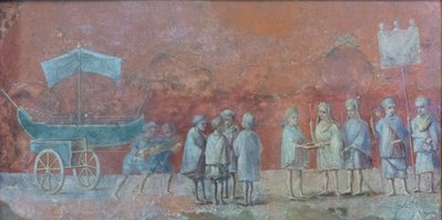 Frescofragment van een kalender die de navigatie van Isidis uitbeeldt, een propitiatoir festival aan het begin van een reis en de maand maart voorstellend, derde eeuw na Christus door Roman