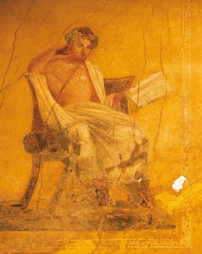 Fresco op gele achtergrond met Griekse dichter Menander, uit het Huis van Menander, Pompeii, Campania, Romeinse Beschaving door Roman