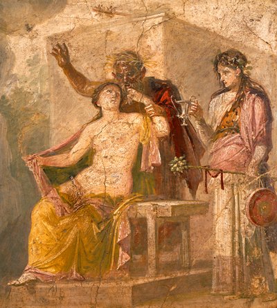 Fresco met een erotisch onderwerp dat een Dionysische scène uit Pompeii afbeeldt door Roman