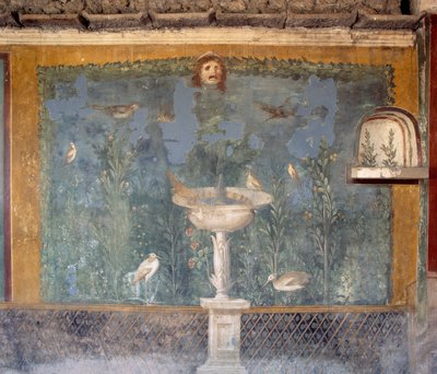 Fresco met fontein, masker en vogels, Huis van Venus in Schelp, Pompeii (Unesco Werelderfgoedlijst) door Roman