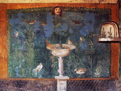 Fresco met fontein, masker en vogels, Huis van Venus in schelp, Pompeii, Campania, Italië, Romeinse beschaving door Roman