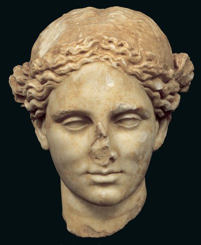 Hoofd van Apollo Sauroktonos (de hagedissenmoordenaar) kopie van een 4e-eeuwse Griekse bronzen beeld door Praxiteles, gevonden in Kifissia door Roman