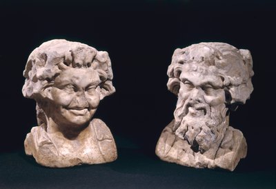 Hoofd van Bacchus en een sater van een hermatische pilaar door Roman