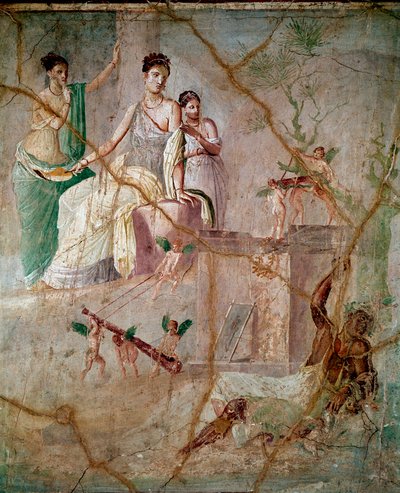 Herakles en Omphale (Hercules en Omphale) Romeinse fresco van de 3e Pompeiaanse stijl uit Pompeii (fresco uit Pompeii) 40-60 n.Chr. Dim 88x103 cm bewaard in het Nationaal Archeologisch Museum van Napels, Italië door Roman