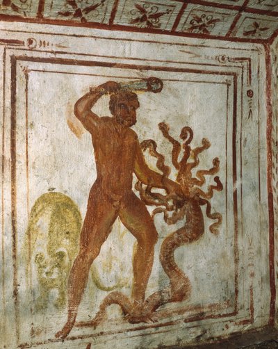 Hercules en de Lernaeaanse Hydra, fresco, Via Latina Catacombe, Rome, Italië, 4e eeuw door Roman