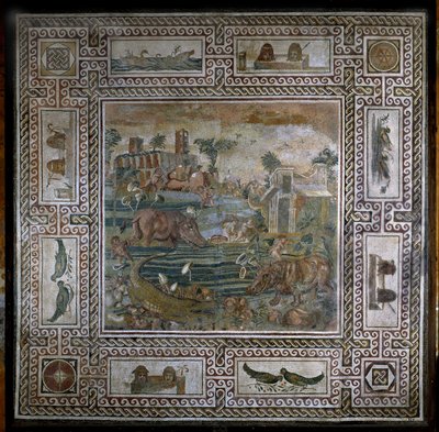 Nijlpaardjacht op de Nijl (mozaïek) door Roman