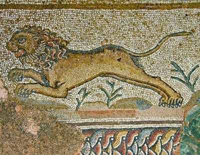 Jachtscène, detail van een leeuw, Huis van Dionysos, Paphos, Cyprus mozaïek door Roman