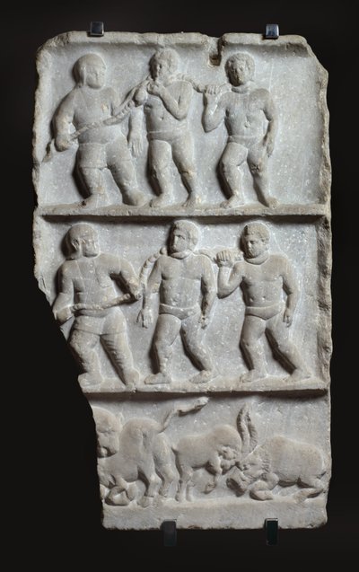 Marmeren reliëf met 3 registers: slaven in kettingen en dieren, ca. 200 AD door Roman