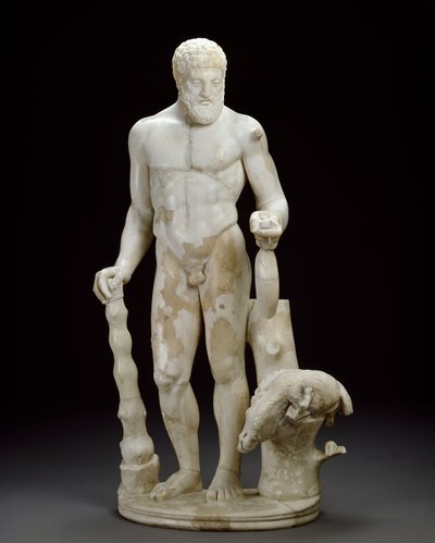 Marmeren beeldje van Hercules en het Erymanthische zwijn (marmer) door Roman