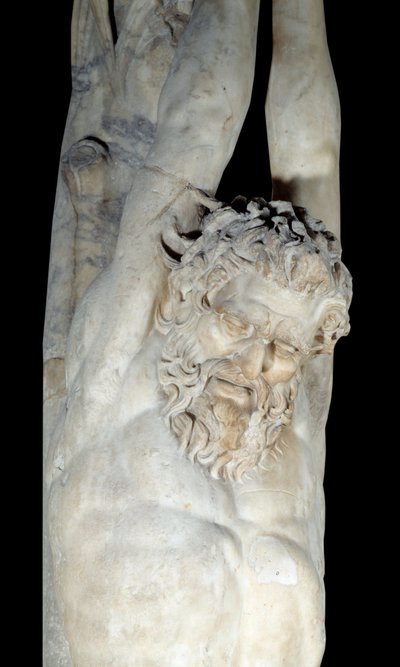 Marteling van Marsyas hangend aan een dennenstam. Detail door Roman