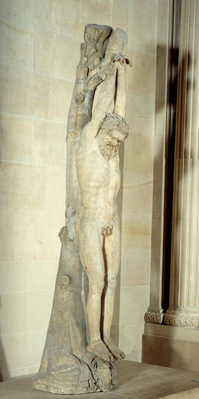 De marteling van Marsyas hangend aan een dennenstam. Marmeren beeldhouwwerk uit het einde van de 3e-begin 2e eeuw v.Chr. door Roman