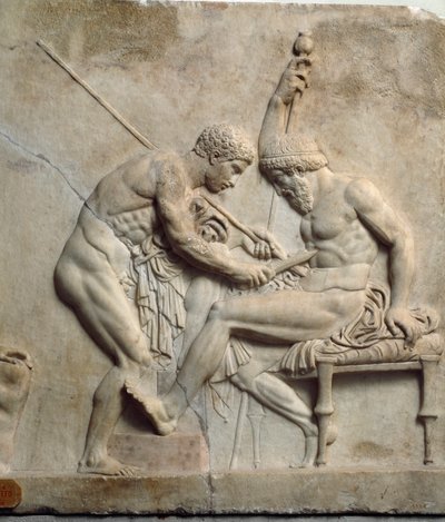 Neo-attische kunst: reliëf met voorstelling van Telephus behandeld door een chirurg. 1e eeuw v.Chr. Uit Herculaneum. Nationaal Archeologisch Museum, Napels door Roman