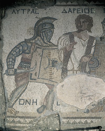 Schilderij van twee gladiatoren op een mozaïekmuur, Kourion, Limassol, Cyprus door Roman