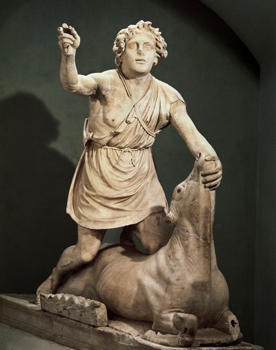 Pentelische marmeren Mithra die een stier doodt, gesigneerd door Kriton van Athene, uit Mithraeum van de Baden van Mithra, Ostia Antica door Roman