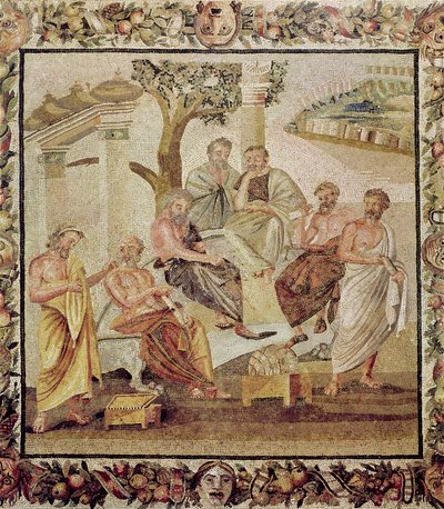 Plato in gesprek met zijn leerlingen, uit het huis van T. Siminius, Pompeii (mozaïek) door Roman