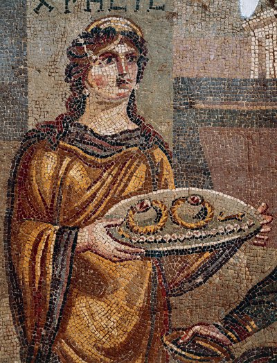 Gevangene Chresis geeft sleutels van haar losgeld aan haar ontvoerder Agamemnon, detail van Mozaïek van Chresis ontdekt in Daphne, Antiochië, Turkije door Roman