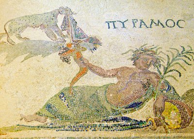 Pyramus en Thisbe, detail van Pyramus en de luipaard, Huis van Dionysos, Paphos, Cyprus mozaïek door Roman