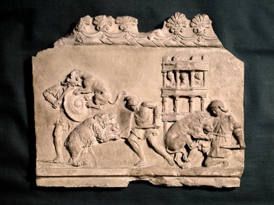 ROMEINSE KUNST: Bas-reliëf in terracotta met drie gladiatoren in gevecht met een ... door Roman
