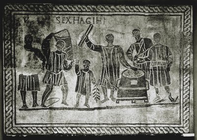 ROMEINSE KUNST: Het meten van het graan (maïs). Het graan dat Gaius Gracchus ..., 2de eeuw n.Chr. (mozaïek) door Roman