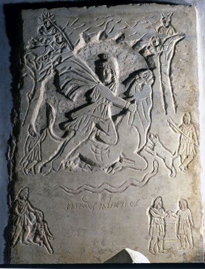 Reliëf dat de Iraanse godheid Mithra (of Mitra) toont die de stier slacht, een dier dat ermee geassocieerd wordt. 4e eeuw. Palazzo dei Conservatori, Rome. door Roman