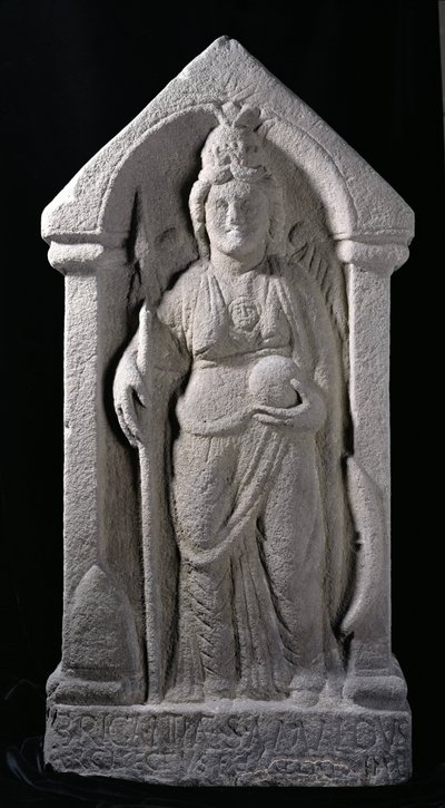 Reliëfsculptuur die Brigantia, een Noord-Britse inheemse godin, als een Romeinse godin afbeeldt, uit Birrens, Middlebie, Dumfriesshire door Roman