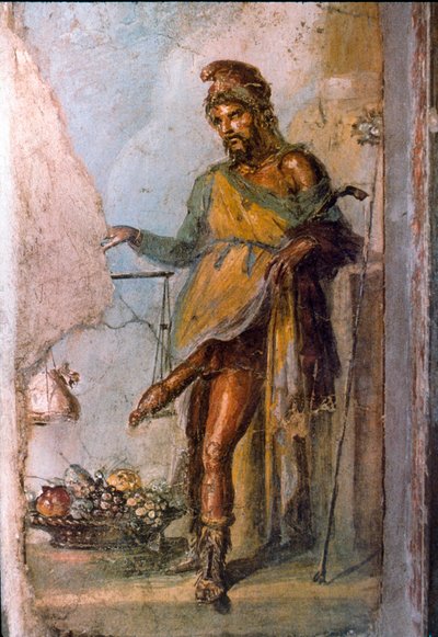 Voorstelling van de Griekse god Priapus, god van de vruchtbaarheid, met enorme penis constant in erectie. Detail van een Pompeiaanse fresco. Casa dei Vettii. 1e eeuw na Christus. door Roman
