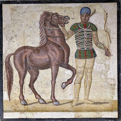 Representatie van de vier facties van het Romeinse circus: de Groenen (factio prasina). De facties waren clubs die deelnamen aan circuswedstrijden in het Hoge Rijk (1e eeuw na Chr.) en gekenmerkt werden door een kleur. Mozaïek, Rome Museo nazionale Romano. door Roman